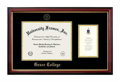 Grace College Diploma with Announcement Frame in Petite Mahogany with Gold Trim with Black & Gold Mats for document: 8 1/2"h x 11"w  , diploma: 7"h x 4"w  