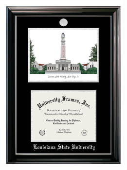 Louisiana State University Double Opening with Campus Image (Stacked) Frame in Classic Ebony with Silver Trim with Black & Silver Mats for document: 8 1/2"h x 11"w  
