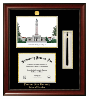 Louisiana State University College of Education Double Opening with Campus Image & Tassel Box (Stacked) Frame in Avalon Mahogany with Black & Gold Mats for document: 8 1/2"h x 11"w  