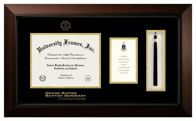 Grand Rapids Baptist Seminary Of Cornerstone University Diploma with Announcement & Tassel Box Frame in Legacy Black Cherry with Black & Gold Mats for document: 8 1/2"h x 11"w  , diploma: 7"h x 4"w  
