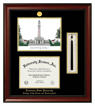 Louisiana State University College of the Coast and Environment Double Opening with Campus Image & Tassel Box (Stacked) Frame in Avalon Mahogany with Black & Gold Mats for document: 8 1/2"h x 11"w  
