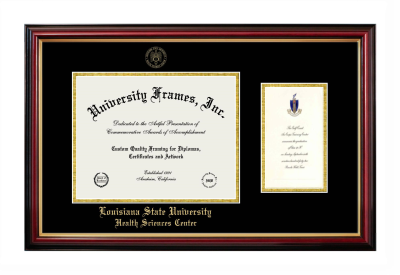 Louisiana State University Health Sciences Center Diploma with Announcement Frame in Petite Mahogany with Gold Trim with Black & Gold Mats for document: 8 1/2"h x 11"w  , diploma: 7"h x 4"w  