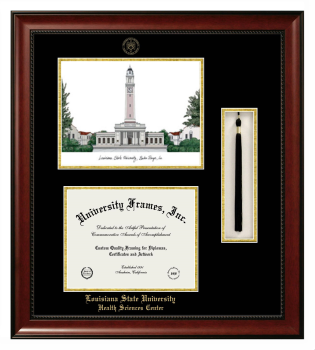 Louisiana State University Health Sciences Center Double Opening with Campus Image & Tassel Box (Stacked) Frame in Avalon Mahogany with Black & Gold Mats for document: 8 1/2"h x 11"w  