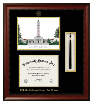 Louisiana State University Health Sciences Center - New Orleans Double Opening with Campus Image & Tassel Box (Stacked) Frame in Avalon Mahogany with Black & Gold Mats for document: 8 1/2"h x 11"w  