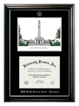 Louisiana State University Health Sciences Center - Shreveport Double Opening with Campus Image (Stacked) Frame in Classic Ebony with Silver Trim with Black & Silver Mats for document: 8 1/2"h x 11"w  