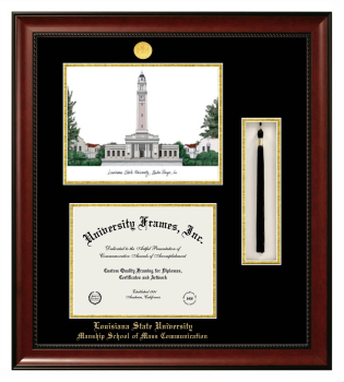 Louisiana State University Manship School of Mass Communication Double Opening with Campus Image & Tassel Box (Stacked) Frame in Avalon Mahogany with Black & Gold Mats for document: 8 1/2"h x 11"w  