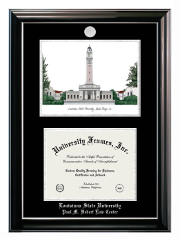Louisiana State University Paul M. Hebert Law Center Double Opening with Campus Image (Stacked) Frame in Classic Ebony with Silver Trim with Black & Silver Mats for document: 8 1/2"h x 11"w  