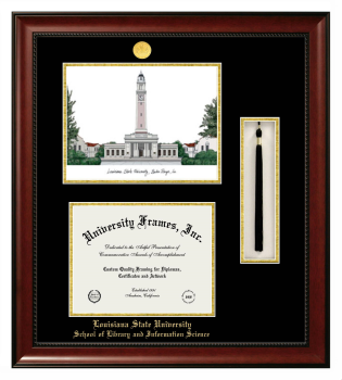 Louisiana State University School of Library and Information Science Double Opening with Campus Image & Tassel Box (Stacked) Frame in Avalon Mahogany with Black & Gold Mats for document: 8 1/2"h x 11"w  