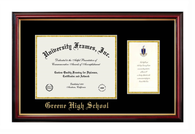 Greene High School Diploma with Announcement Frame in Petite Mahogany with Gold Trim with Black & Gold Mats for document: 8 1/2"h x 11"w  , diploma: 7"h x 4"w  