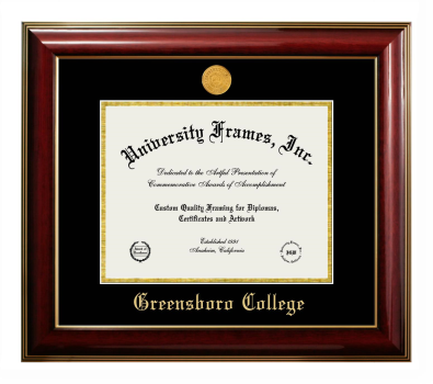 Greensboro College Diploma Frame in Classic Mahogany with Gold Trim with Black & Gold Mats for document: 8 1/2"h x 11"w  
