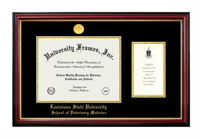 Louisiana State University School of Veterinary Medicine Diploma with Announcement Frame in Petite Mahogany with Gold Trim with Black & Gold Mats for document: 8 1/2"h x 11"w  , diploma: 7"h x 4"w  