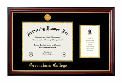 Greensboro College Diploma with Announcement Frame in Petite Mahogany with Gold Trim with Black & Gold Mats for document: 8 1/2"h x 11"w  , diploma: 7"h x 4"w  
