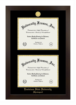 Louisiana State University Shreveport Double Diploma Frame in Manhattan Espresso with Black & Gold Mats for document: 8 1/2"h x 11"w  , document: 8 1/2"h x 11"w  