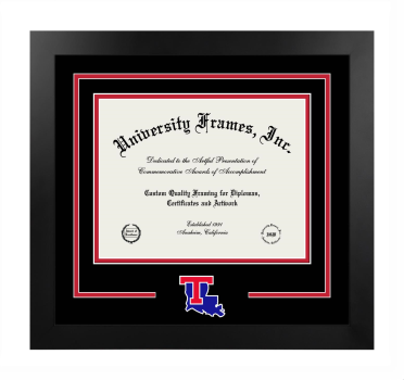 Louisiana Tech University Logo Mat Frame in Manhattan Black with Black & Red Mats for document: 8 1/2"h x 11"w  