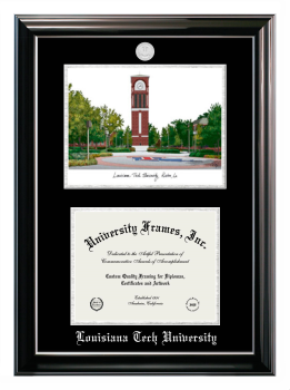 Louisiana Tech University Double Opening with Campus Image (Stacked) Frame in Classic Ebony with Silver Trim with Black & Silver Mats for document: 8 1/2"h x 11"w  