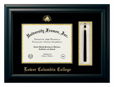 Lower Columbia College Diploma with Tassel Box Frame in Satin Black with Black & Gold Mats for document: 8 1/2"h x 11"w  