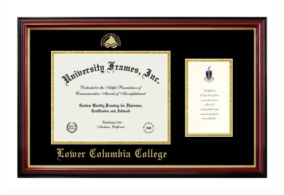 Lower Columbia College Diploma with Announcement Frame in Petite Mahogany with Gold Trim with Black & Gold Mats for document: 8 1/2"h x 11"w  , diploma: 7"h x 4"w  