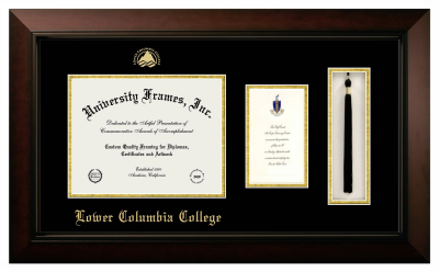 Lower Columbia College Diploma with Announcement & Tassel Box Frame in Legacy Black Cherry with Black & Gold Mats for document: 8 1/2"h x 11"w  , diploma: 7"h x 4"w  