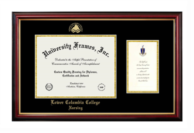Lower Columbia College Nursing Diploma with Announcement Frame in Petite Mahogany with Gold Trim with Black & Gold Mats for document: 8 1/2"h x 11"w  , diploma: 7"h x 4"w  