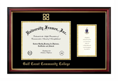 Gulf Coast Community College Diploma with Announcement Frame in Petite Mahogany with Gold Trim with Black & Gold Mats for document: 8 1/2"h x 11"w  , diploma: 7"h x 4"w  
