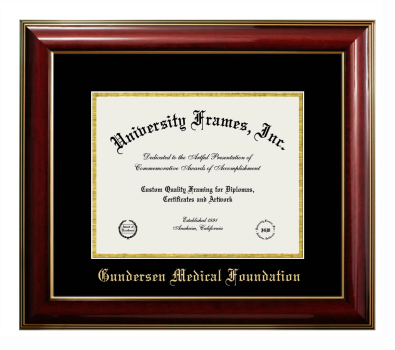 Gundersen Medical Foundation Diploma Frame in Classic Mahogany with Gold Trim with Black & Gold Mats for document: 8 1/2"h x 11"w  