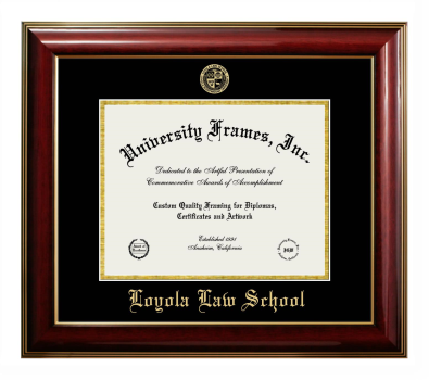 Loyola Law School Diploma Frame in Classic Mahogany with Gold Trim with Black & Gold Mats for document: 8 1/2"h x 11"w  