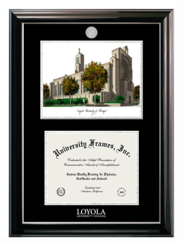 Loyola University Chicago Double Opening with Campus Image (Stacked) Frame in Classic Ebony with Silver Trim with Black & Silver Mats for document: 8 1/2"h x 11"w  