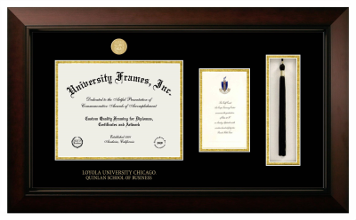 Loyola University Chicago Quinlan School of Business Diploma with Announcement & Tassel Box Frame in Legacy Black Cherry with Black & Gold Mats for document: 8 1/2"h x 11"w  , diploma: 7"h x 4"w  