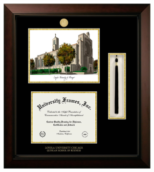 Loyola University Chicago Quinlan School of Business Double Opening with Campus Image & Tassel Box (Stacked) Frame in Legacy Black Cherry with Black & Gold Mats for document: 8 1/2"h x 11"w  