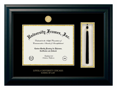 Loyola University Chicago School of Law Diploma with Tassel Box Frame in Satin Black with Black & Gold Mats for document: 8 1/2"h x 11"w  