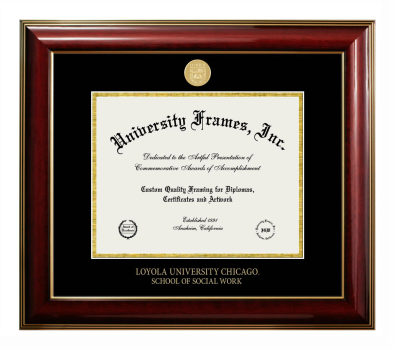 Loyola University Chicago School of Social Work Diploma Frame in Classic Mahogany with Gold Trim with Black & Gold Mats for document: 8 1/2"h x 11"w  