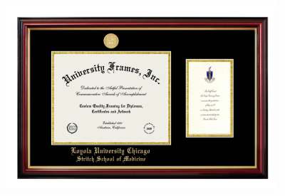 Loyola University Chicago Stritch School of Medicine Diploma with Announcement Frame in Petite Mahogany with Gold Trim with Black & Gold Mats for document: 8 1/2"h x 11"w  , diploma: 7"h x 4"w  