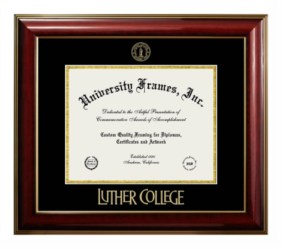Luther College Diploma Frame in Classic Mahogany with Gold Trim with Black & Gold Mats for document: 8 1/2"h x 11"w  