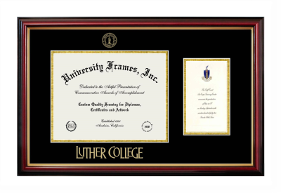 Luther College Diploma with Announcement Frame in Petite Mahogany with Gold Trim with Black & Gold Mats for document: 8 1/2"h x 11"w  , diploma: 7"h x 4"w  