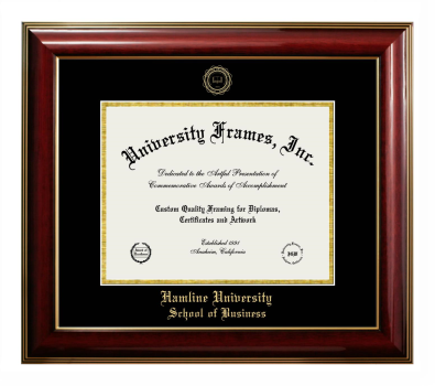 Hamline University School of Business Diploma Frame in Classic Mahogany with Gold Trim with Black & Gold Mats for document: 8 1/2"h x 11"w  