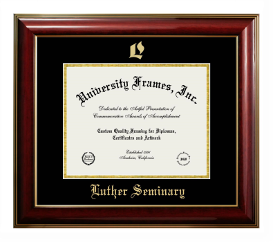 Luther Seminary Diploma Frame in Classic Mahogany with Gold Trim with Black & Gold Mats for document: 8 1/2"h x 11"w  