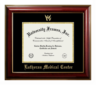 Lutheran Medical Center Diploma Frame in Classic Mahogany with Gold Trim with Black & Gold Mats for document: 8 1/2"h x 11"w  