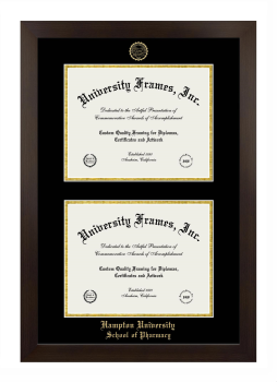 Hampton University School of Pharmacy Double Diploma Frame in Manhattan Espresso with Black & Gold Mats for document: 8 1/2"h x 11"w  , document: 8 1/2"h x 11"w  