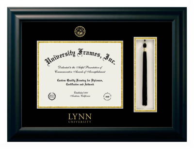 Lynn University Diploma with Tassel Box Frame in Satin Black with Black & Gold Mats for document: 8 1/2"h x 11"w  