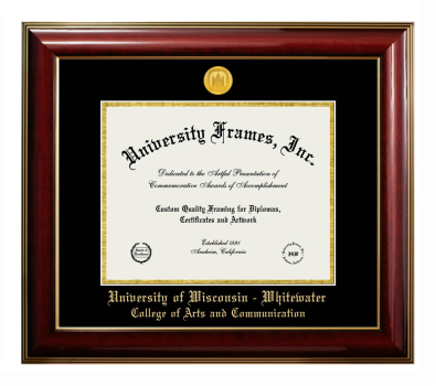 University of Wisconsin - Whitewater College of Arts and Communication Diploma Frame in Classic Mahogany with Gold Trim with Black & Gold Mats for document: 8 1/2"h x 11"w  
