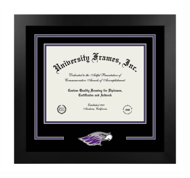 University of Wisconsin - Whitewater College of Arts and Communication Logo Mat Frame in Manhattan Black with Black & Purple Mats for document: 8 1/2"h x 11"w  