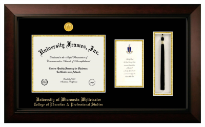 University of Wisconsin - Whitewater College of Education & Professional Studies Diploma with Announcement & Tassel Box Frame in Legacy Black Cherry with Black & Gold Mats for document: 8 1/2"h x 11"w  , diploma: 7"h x 4"w  
