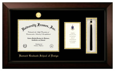 Harvard Graduate School of Design Diploma with Announcement & Tassel Box Frame in Legacy Black Cherry with Black & Gold Mats for document: 8 1/2"h x 11"w  , diploma: 7"h x 4"w  