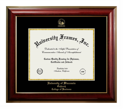 University of Wisconsin Oshkosh College of Business Diploma Frame in Classic Mahogany with Gold Trim with Black & Gold Mats for document: 8 1/2"h x 11"w  