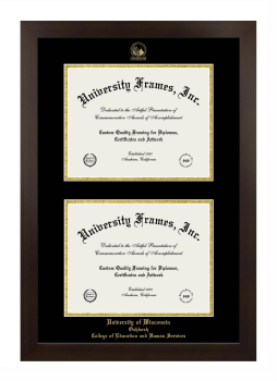 University of Wisconsin Oshkosh College of Education and Human Services Double Diploma Frame in Manhattan Espresso with Black & Gold Mats for document: 8 1/2"h x 11"w  , document: 8 1/2"h x 11"w  