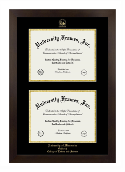 University of Wisconsin Oshkosh College of Letters and Science Double Diploma Frame in Manhattan Espresso with Black & Gold Mats for document: 8 1/2"h x 11"w  , document: 8 1/2"h x 11"w  