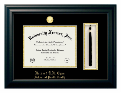 Harvard T.H. Chan School of Public Health Diploma with Tassel Box Frame in Satin Black with Black & Gold Mats for document: 8 1/2"h x 11"w  