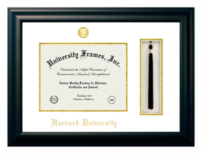 Harvard University Diploma with Tassel Box Frame in Satin Black with White & Gold Mats for document: 8 1/2"h x 11"w  