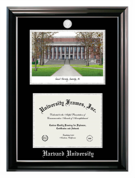Harvard University Double Opening with Campus Image (Stacked) Frame in Classic Ebony with Silver Trim with Black & Silver Mats for document: 8 1/2"h x 11"w  