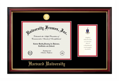 Harvard University Diploma with Announcement Frame in Petite Mahogany with Gold Trim with Black & Red Mats for document: 8 1/2"h x 11"w  , diploma: 7"h x 4"w  